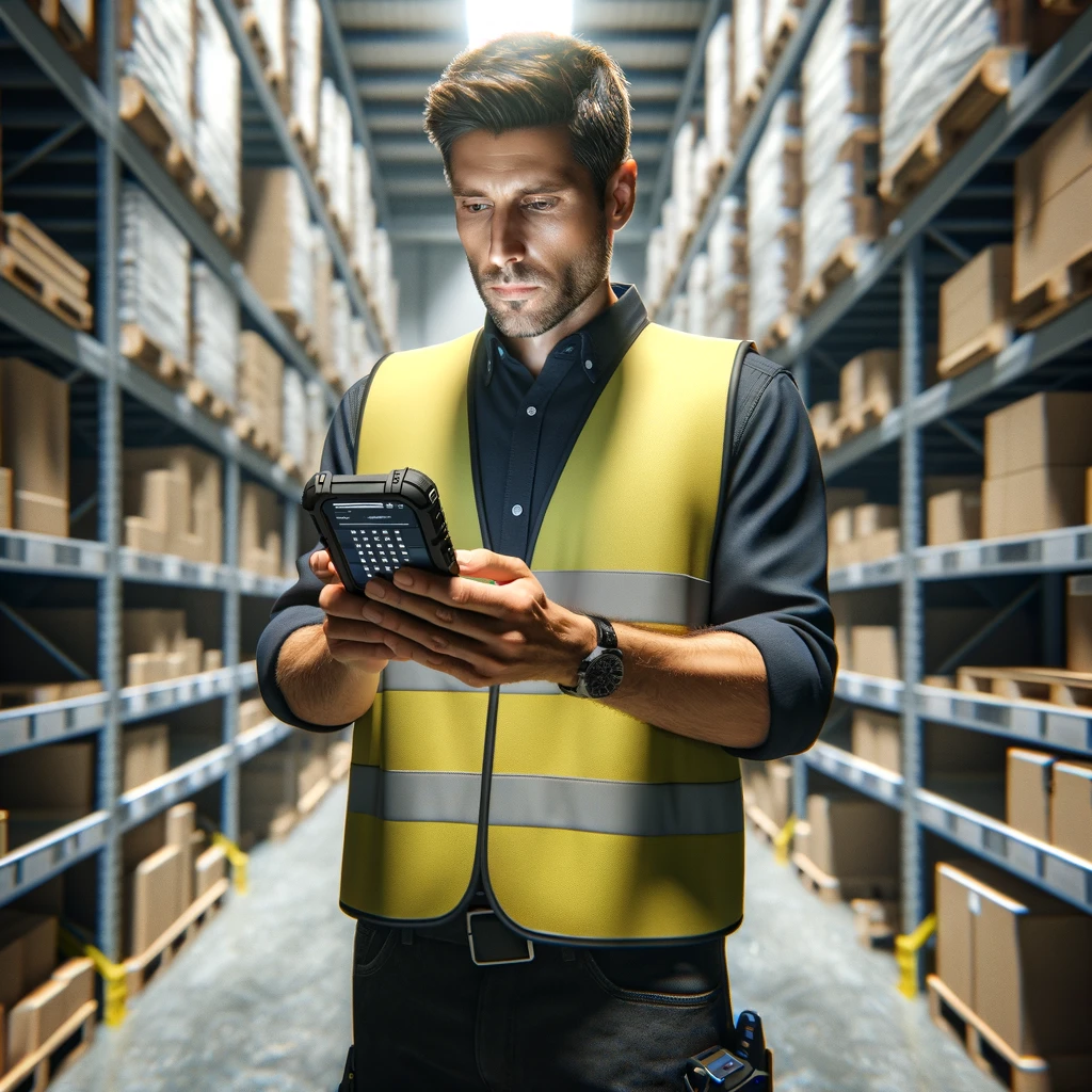 Man in warehouse with industrial browser